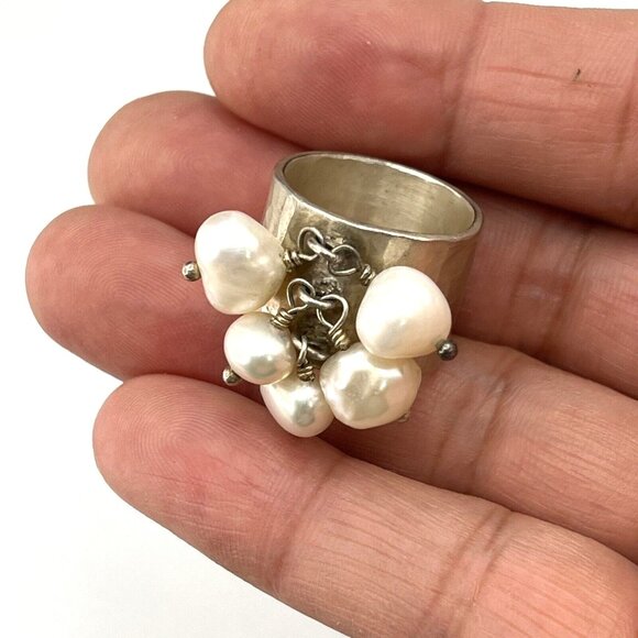 Sterling Silver & Natural Pearl Wide Band Cha Cha Ring Size 6.5 - Picture 2 of 10